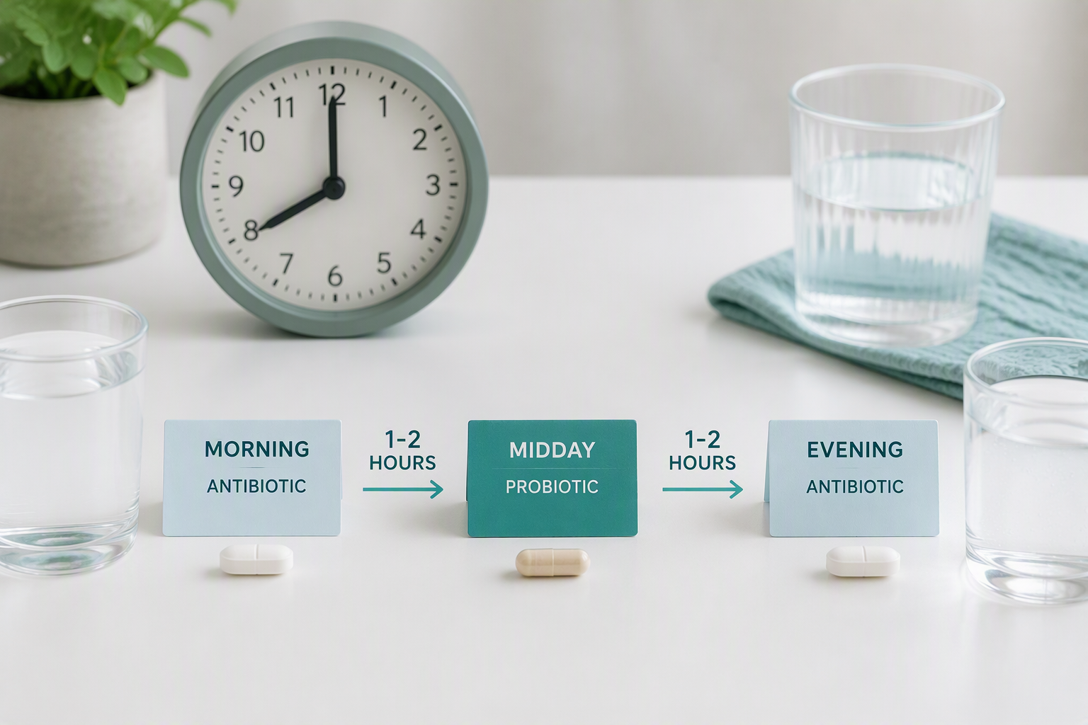 Medication schedule showing probiotic timing with antibiotics