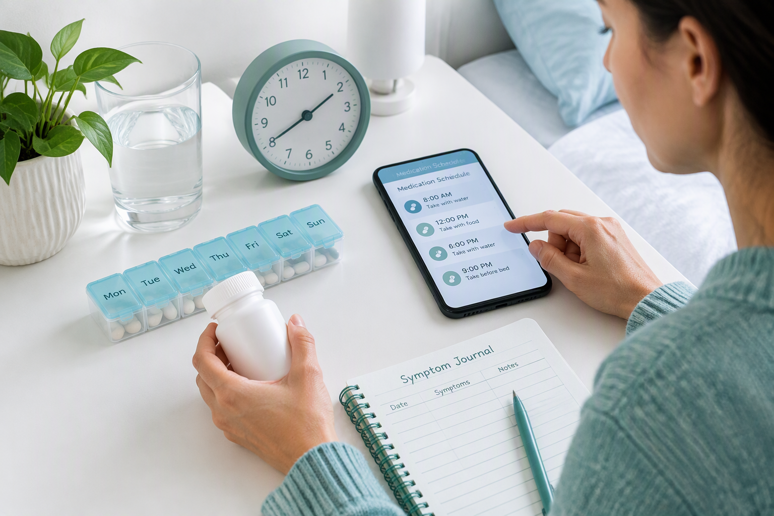 Reflux medicine timing with a medication schedule, clock, and symptom diary