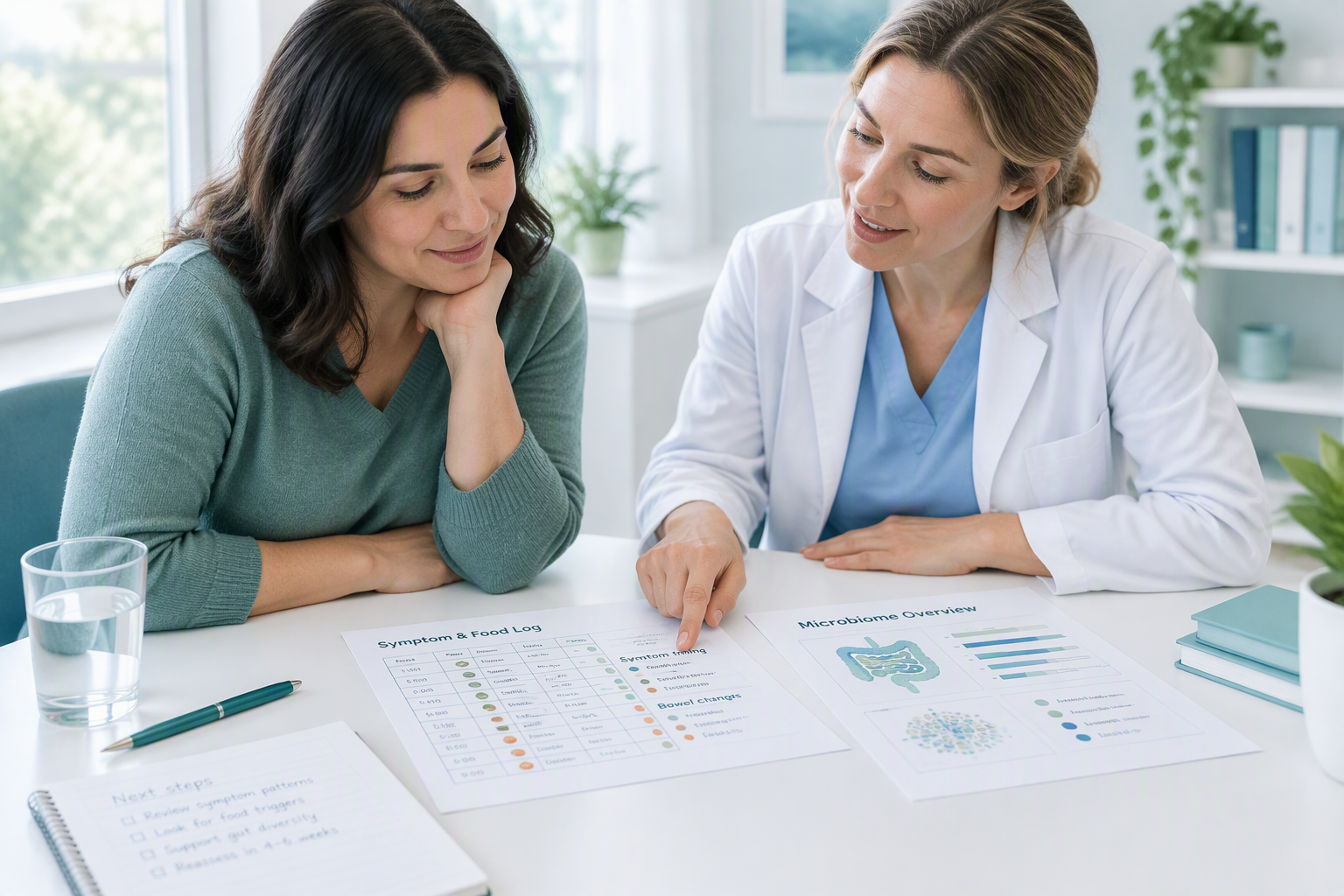 Clinician reviewing microbiome results with a digestive symptom log