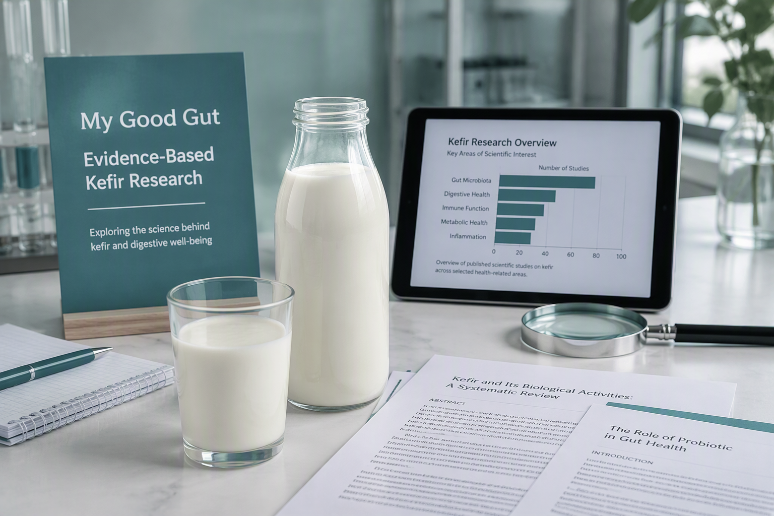 Kefir probiotics research papers and chart representing evidence for digestive benefits