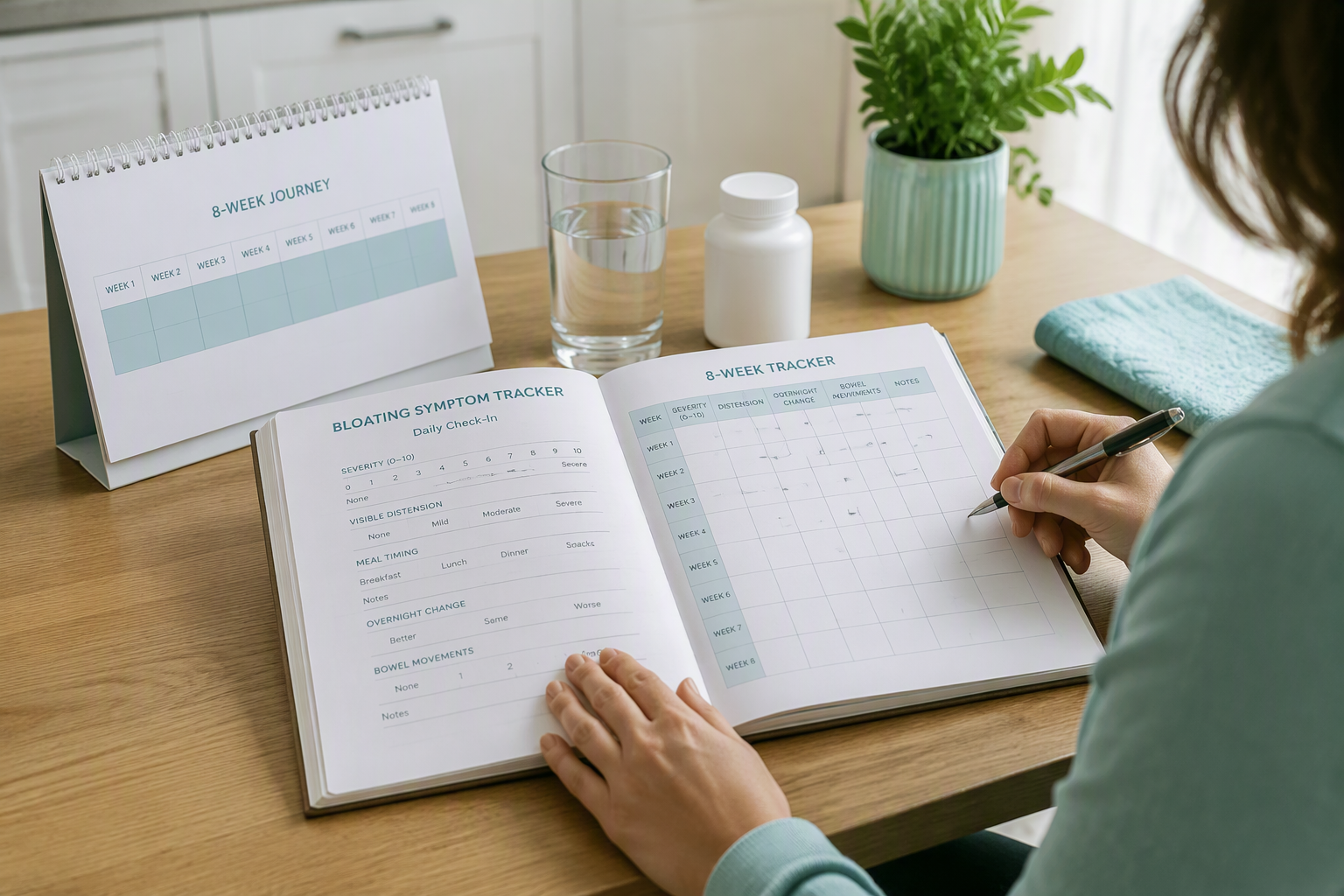 Eight-week probiotic trial journal tracking bloating severity, meals, and bowel movements