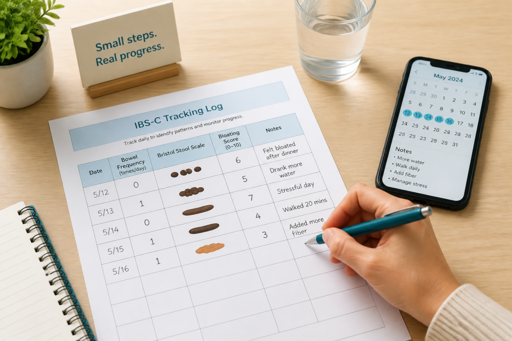 A person fills out an IBS-C tracking log on a desk with a water glass, notebook, and a sign reading "Small steps. Real progress." Nearby, their smartphone displays a May 2024 calendar with daily reminders about ibs-c foods to avoid and the ibs constipation diet.