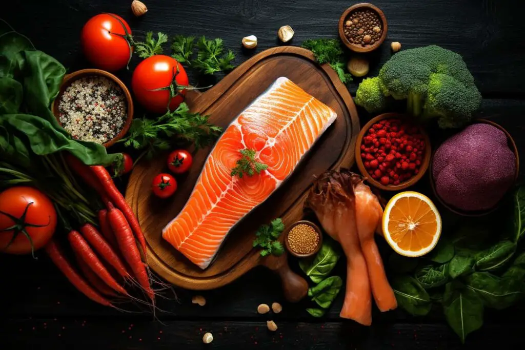 A diet-friendly cutting board presentation featuring salmon and vegetables, perfect for those following an IBS Diet or seeking foods to eat with IBS.