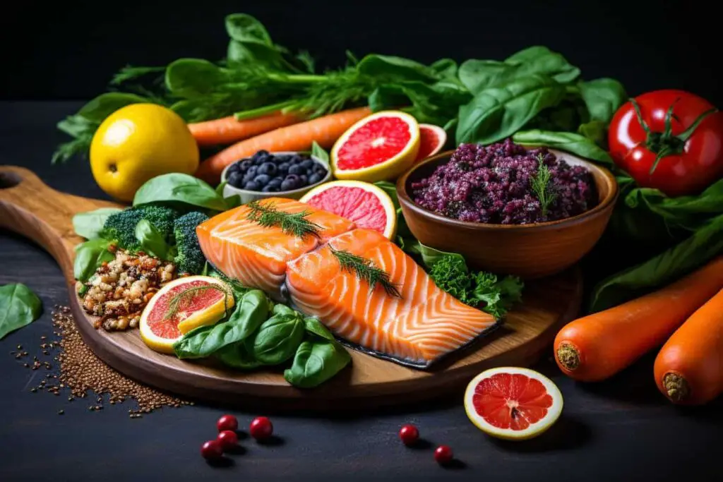 A healthy IBS diet plan includes salmon, vegetables, and fruit on a wooden cutting board.