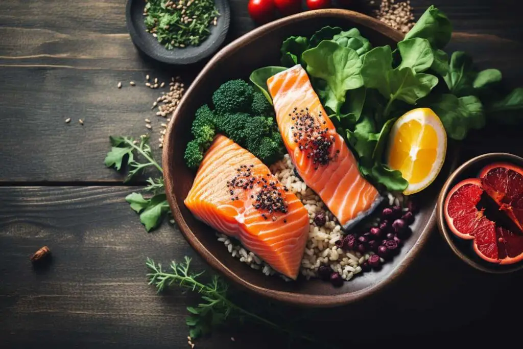 Salmon and vegetables in a bowl on a wooden table - perfect for an IBS Diet Plan.