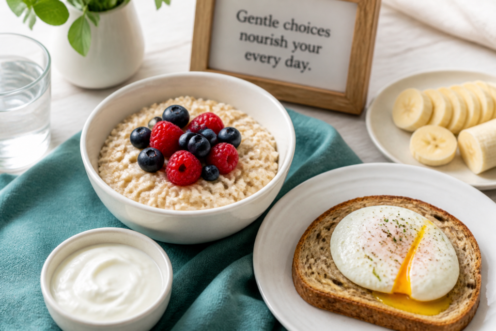 A breakfast spread with a bowl of oatmeal topped with raspberries and blueberries, a slice of toast with a poached egg, yogurt, banana slices, and water—perfect for those wondering what to eat during IBS flare-ups. A framed quote sits in the background.
