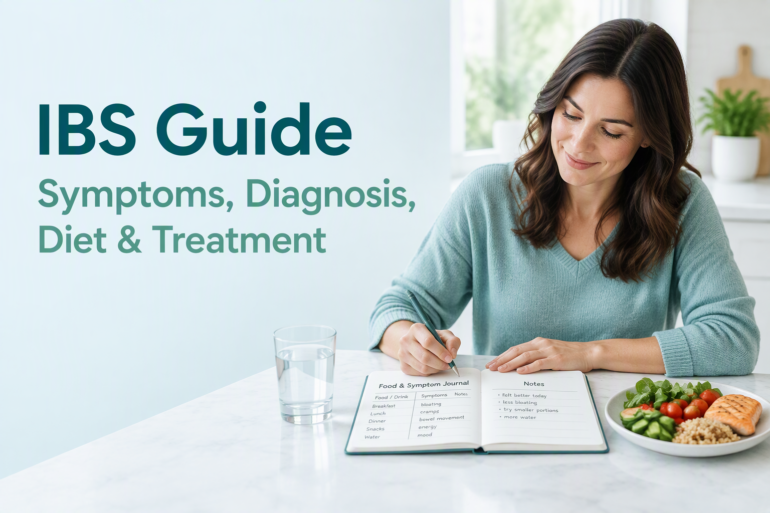 IBS guide cover about symptoms, diagnosis, diet, and treatment with a food and symptom journal