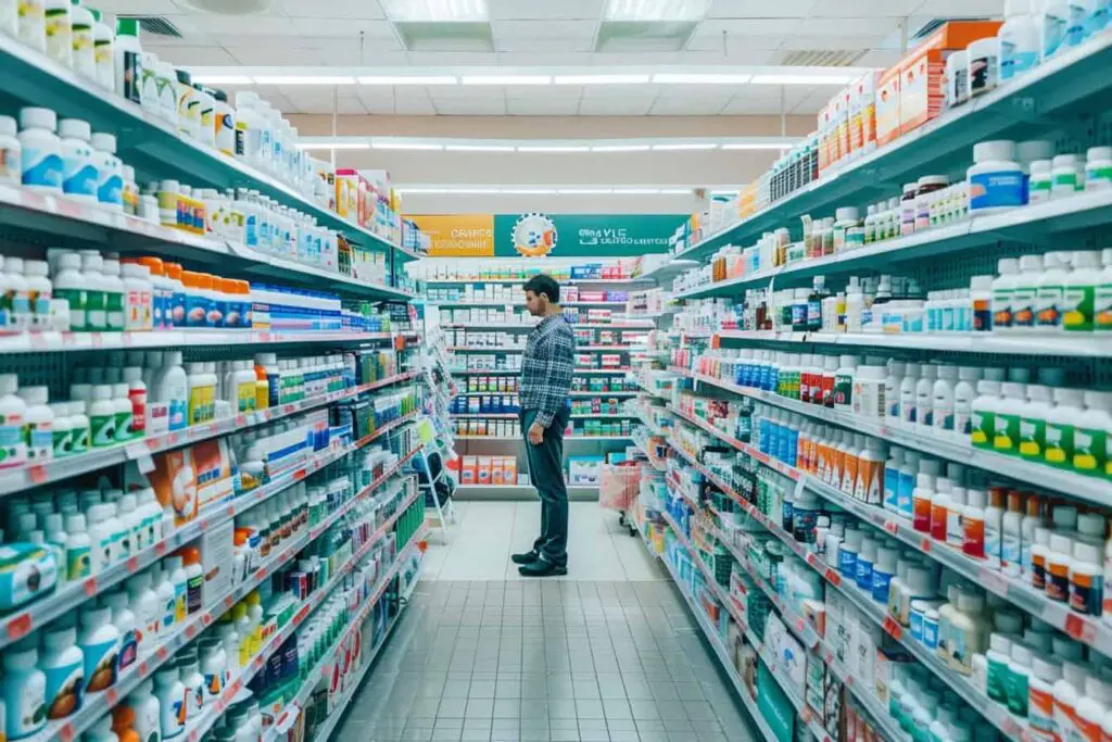 A man stands in the aisle of a pharmacy, browsing for ibs supplements.