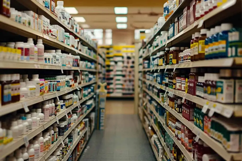A row of shelves filled with ibs supplements in a pharmacy.