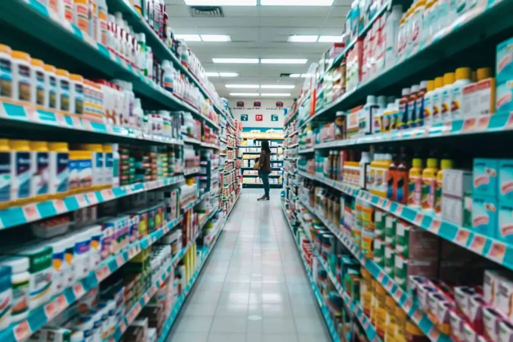 A person is browsing the ibs supplements aisle at the pharmacy.