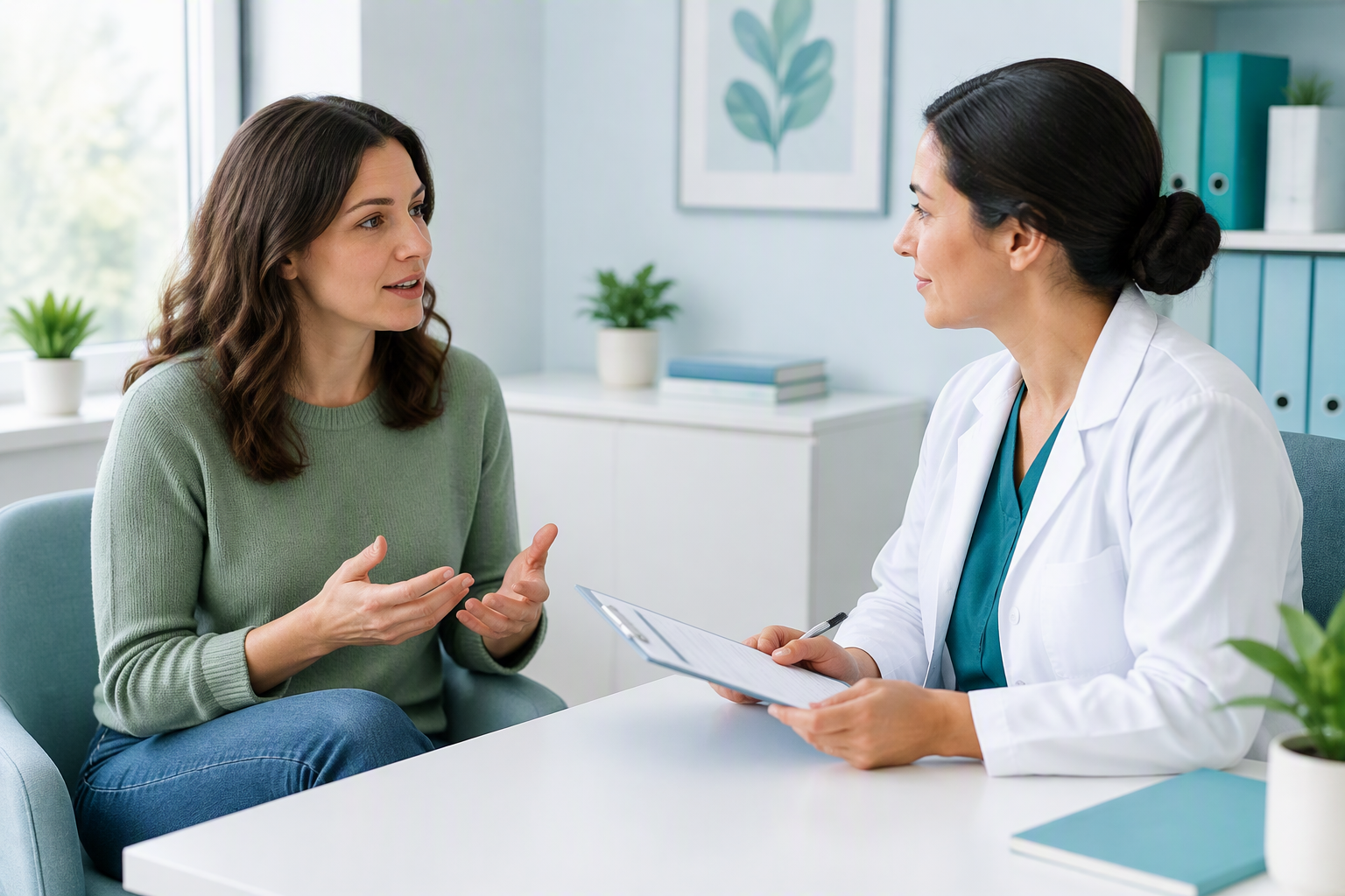 Adult discusses digestive symptoms and family history during a celiac disease testing consultation