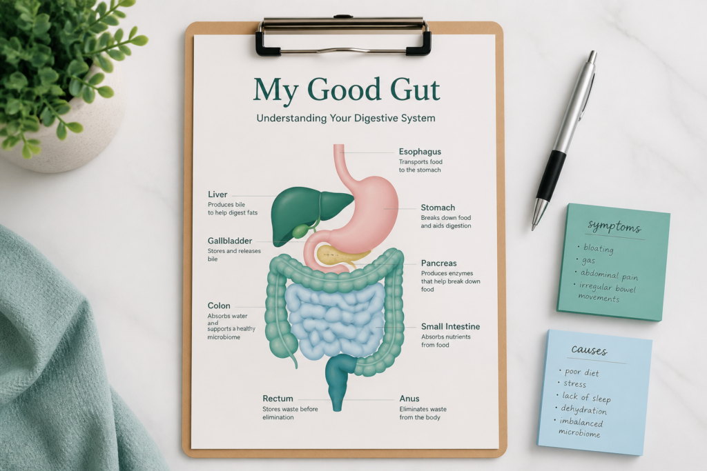 A clipboard displays a labeled digestive system diagram with organs like the esophagus, stomach, and intestines. Nearby are notes listing gastrointestinal disorder symptoms and possible causes, plus a green plant and teal cloth on a white table.
