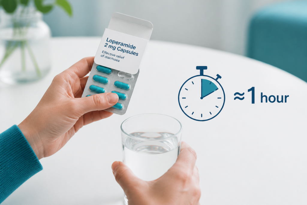 A person holds a blister pack of Loperamide 2 mg capsules, a common antidiarrheal drug, in one hand and a glass of water in the other. A stopwatch icon nearby shows about one hour, highlighting rapid diarrhea relief for those with IBS.