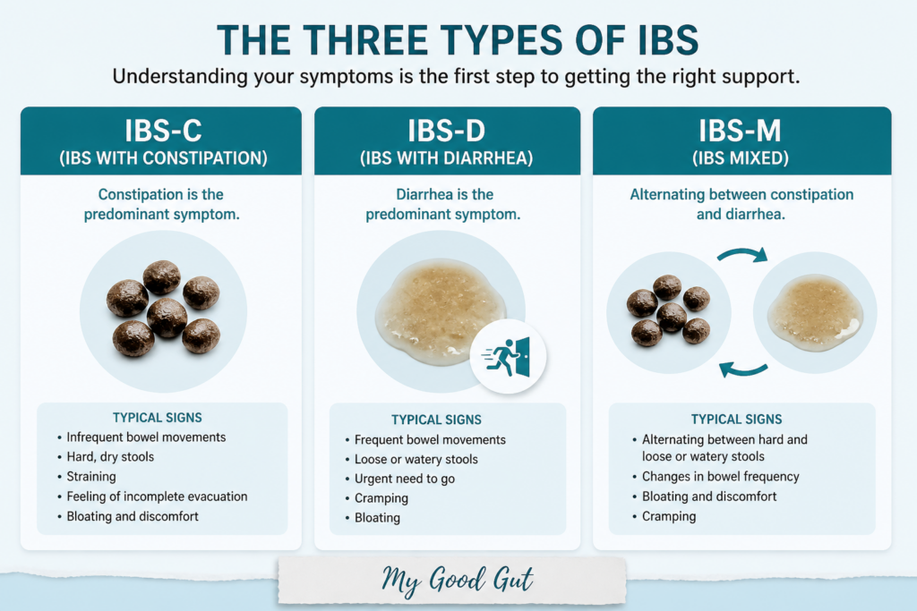 Infographic explaining three types of IBS: IBS-C (constipation), IBS-D (diarrhea), and IBS-M (mixed). Illustrated stool samples and lists of typical ibs symptoms are provided under each type for easy comparison.