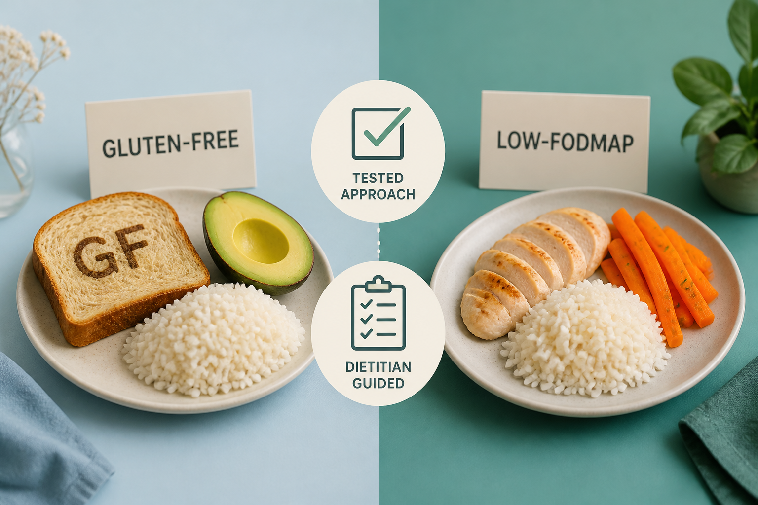 Split image comparing gluten-free foods and low-FODMAP plate for IBS dietary choices
