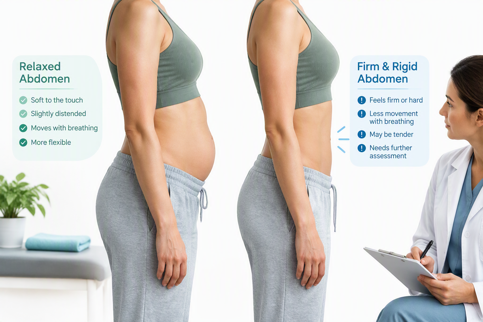 Visual comparison of a tight stomach and rigid abdomen with warning signs