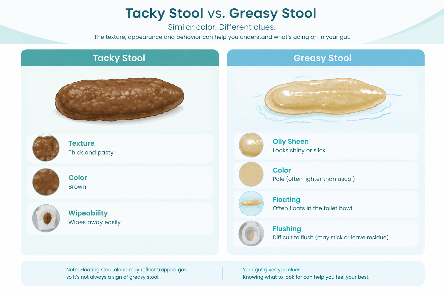 Infographic comparing tacky stool with greasy, oily floating stool