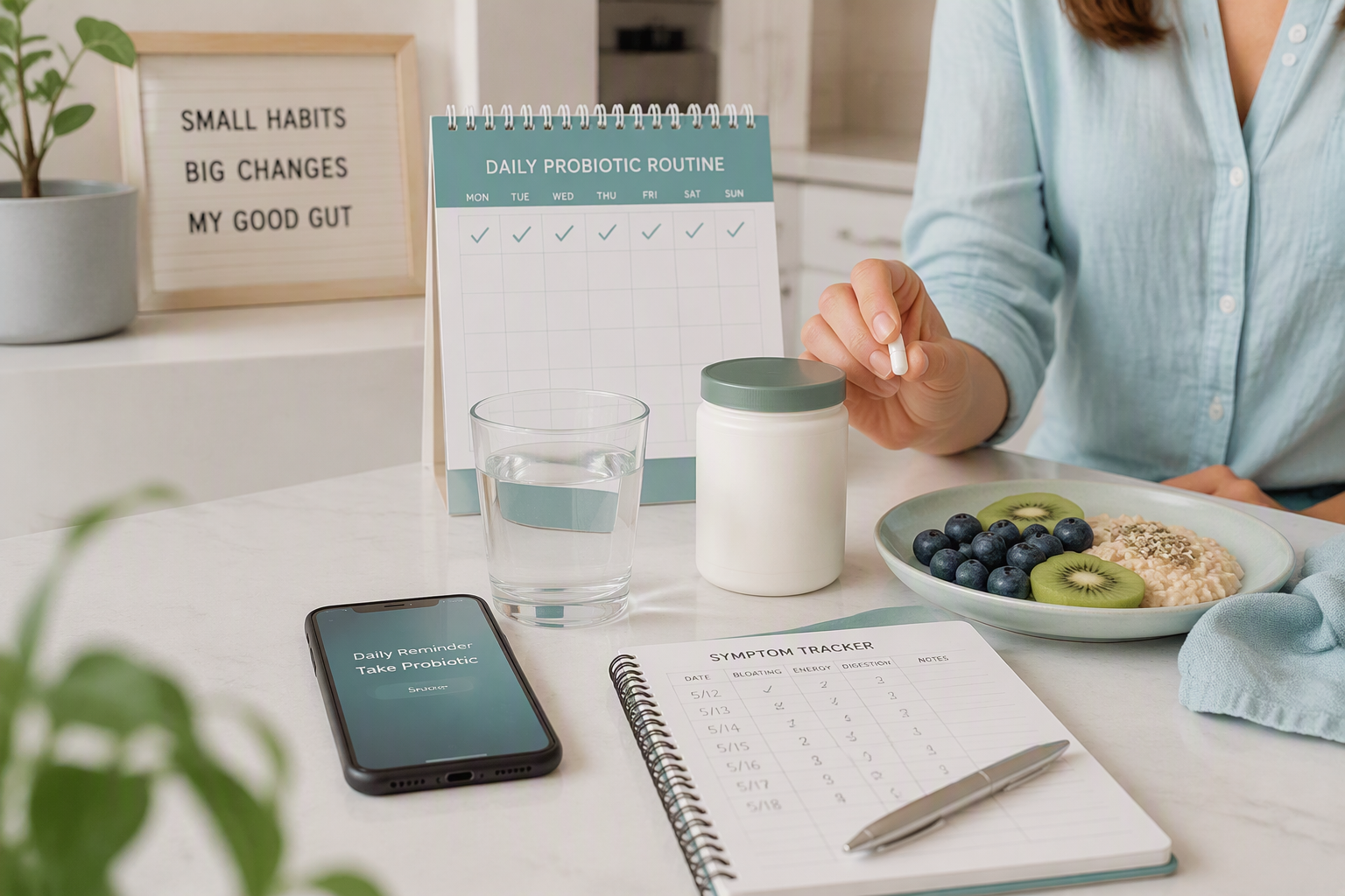 Consistent daily probiotic routine with a symptom tracker and calendar