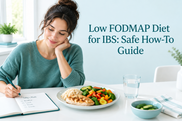 Low FODMAP Diet for IBS: Safe How-To Guide cover with a balanced meal and food journal