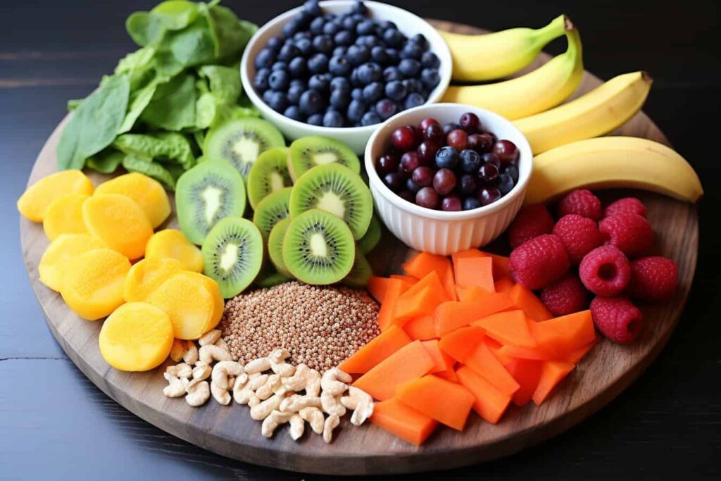 A low fodmap diet consisting of fruits and vegetables displayed on a wooden table.