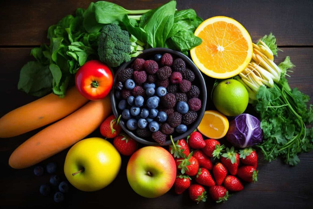 A selection of low fodmap fruits and vegetables are arranged on a wooden table.