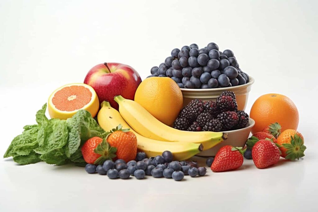 A variety of low fodmap fruits are arranged in bowls on a white background, suitable for individuals following a low fodmap diet for ibs.