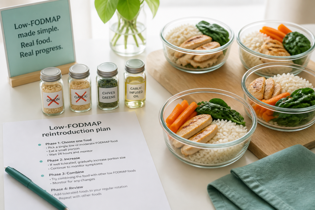 A Low-FODMAP meal prep scene featuring rice, vegetables, and chicken in glass bowls, vials of onion, garlic, chives, and oil—essentials often considered in IBS treatments—a printed reintroduction plan, a pen, and a napkin on a table by a green plant.