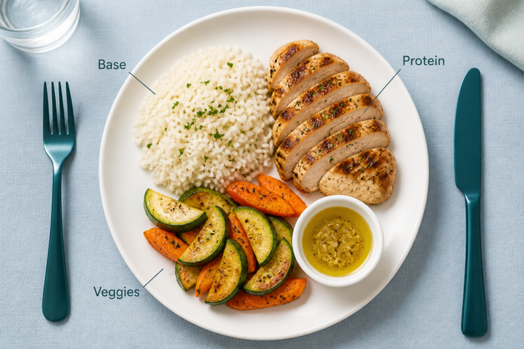A plate with grilled chicken breast (protein), a mound of Low FODMAP couscous (base), sautéed zucchini and carrots (veggies), and a small bowl of sauce. Each food group is labeled. Blue cutlery and a glass of water are beside the plate.