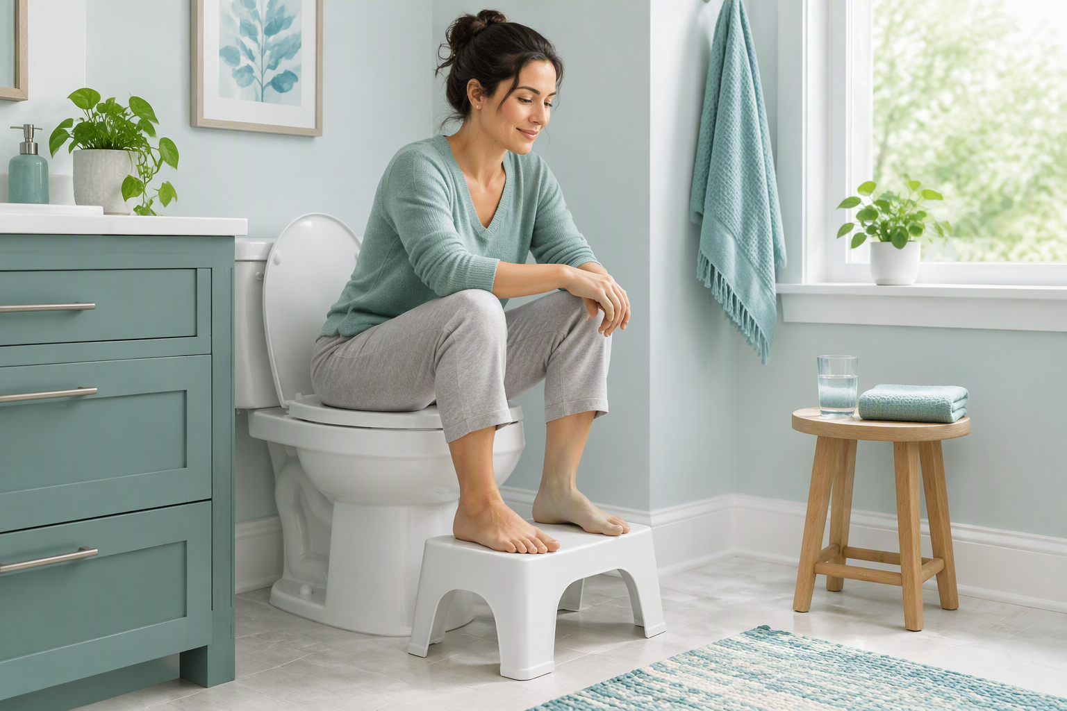 Correct toilet footstool position for easier, less painful bowel movements