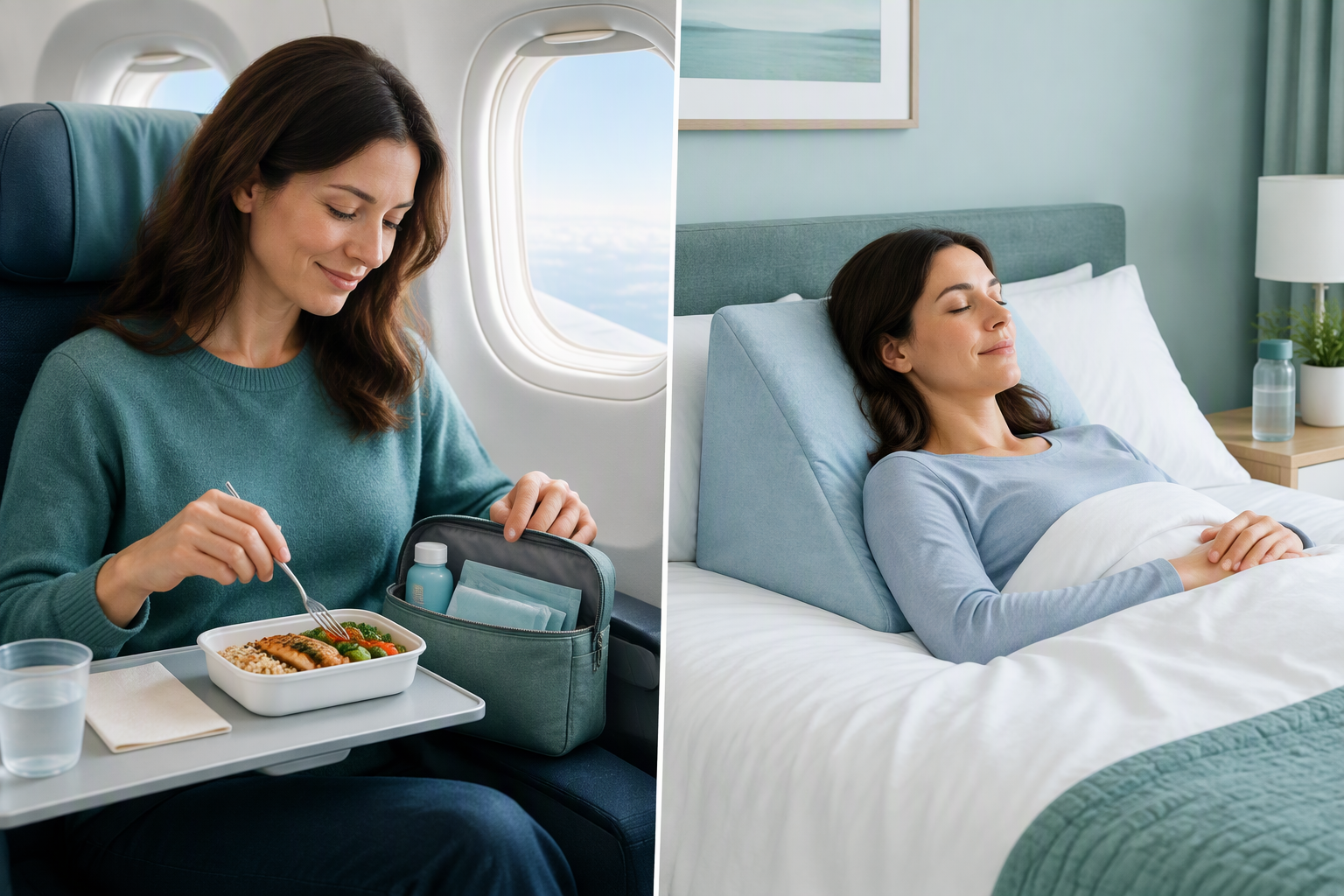 Airplane meal planning and wedge pillow for overnight acid reflux travel relief