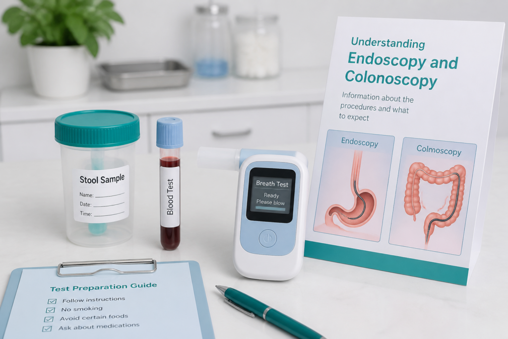 Medical items on a counter, including a stool sample container, blood test vial, breath test device, and an informational sign about gastrointestinal disorders with diagrams explaining symptoms and tests like endoscopy and colonoscopy.