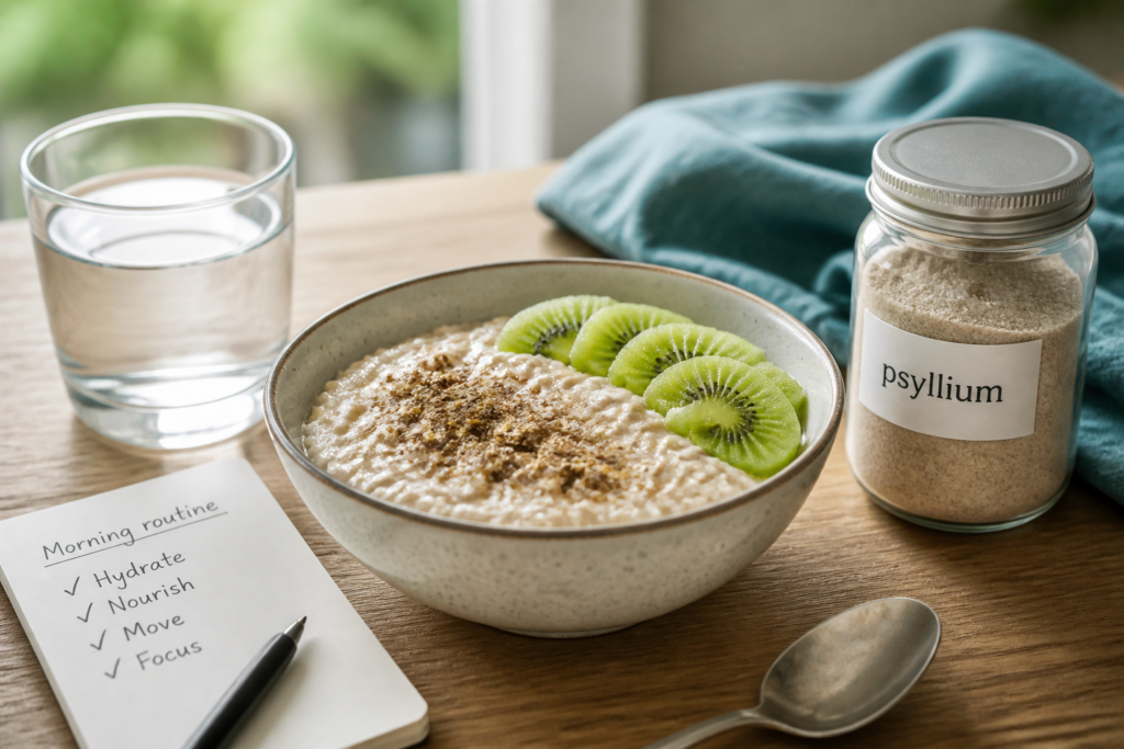 A bowl of oatmeal topped with kiwi slices and sprinkled psyllium sits on a wooden table—a wholesome choice for an IBS-C diet—next to a glass of water, a jar labeled "psyllium," a spoon, a blue napkin, and a notepad with a morning routine checklist.