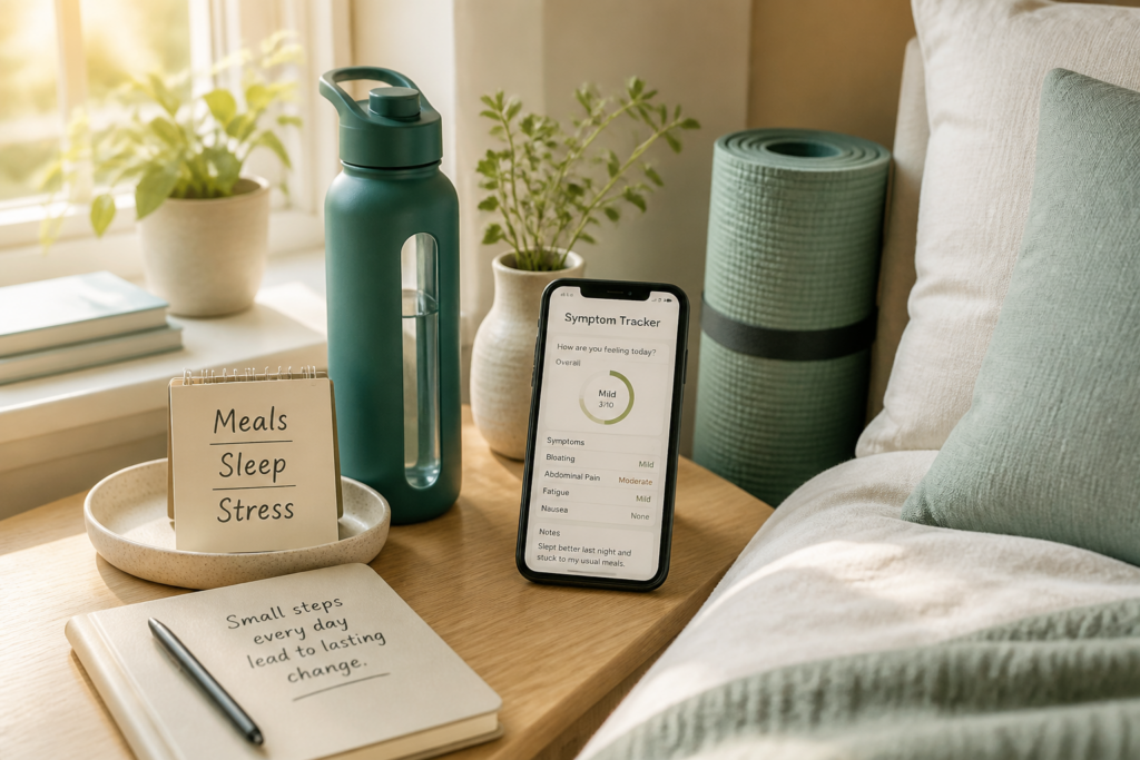 A cozy bedside table with a water bottle, potted plant, yoga mat, spiral notebook, and bowl labeled "Meals, Sleep, Stress," plus a smartphone displaying an IBS-M symptom tracker app. Sunlight streams through a nearby window.