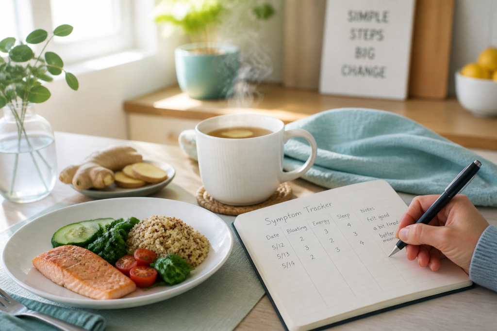 A person writes in a symptom tracker journal at a table with a healthy meal of salmon, quinoa, spinach, and tomatoes—some top home remedies for IBS. Sunlight fills the room, and a sign behind reads, "SIMPLE STEPS BIG CHANGE.