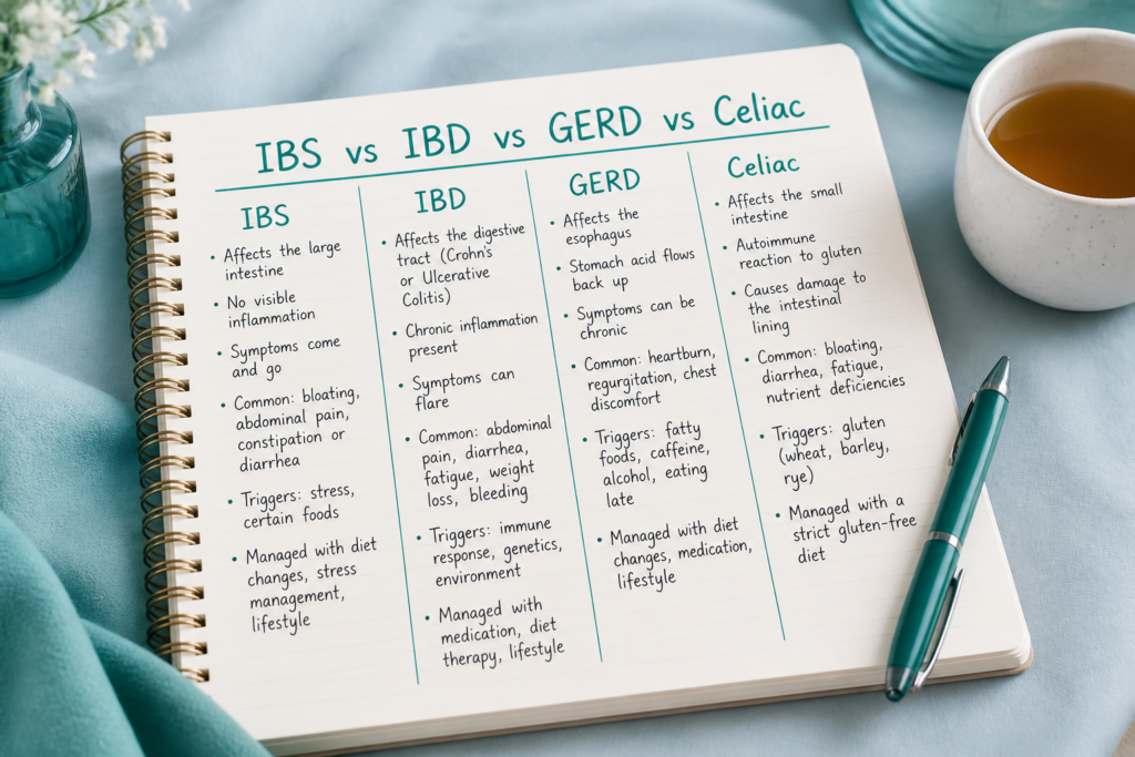 A notebook page compares Gastrointestinal Disorders—IBS, IBD, GERD, and Celiac—in a table with symptoms, affected areas, triggers, tests, and management. The notebook sits on a table beside a cup of tea and a pen.