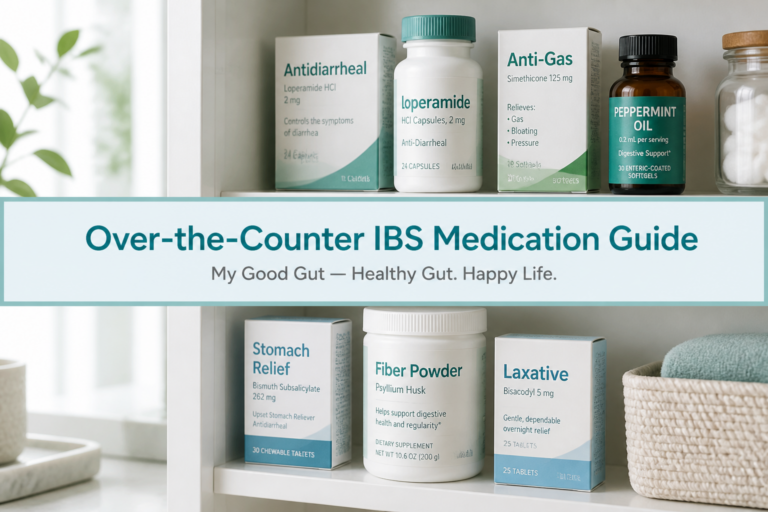 A selection of Over-The-Counter Medications for IBS, including antidiarrheal, anti-gas, peppermint oil, stomach relief, fiber powder, and laxative, displayed on a shelf with a sign reading "Over-the-Counter IBS Medication Guide.