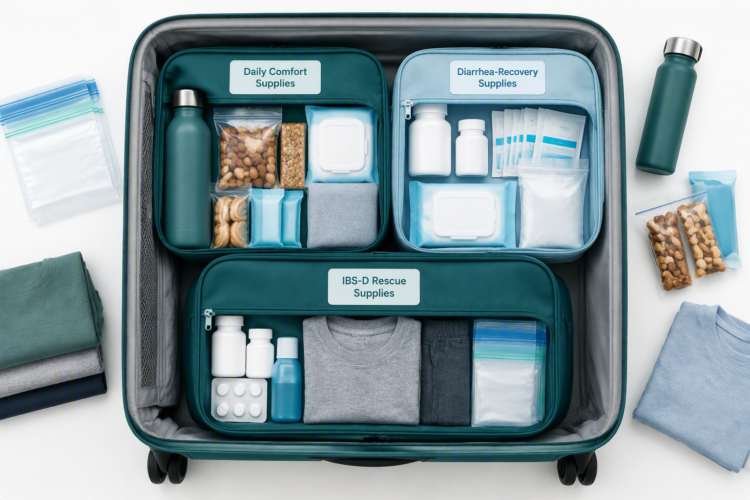 Sensitive-gut travel kit with ORS, safe snacks, water, and medicines