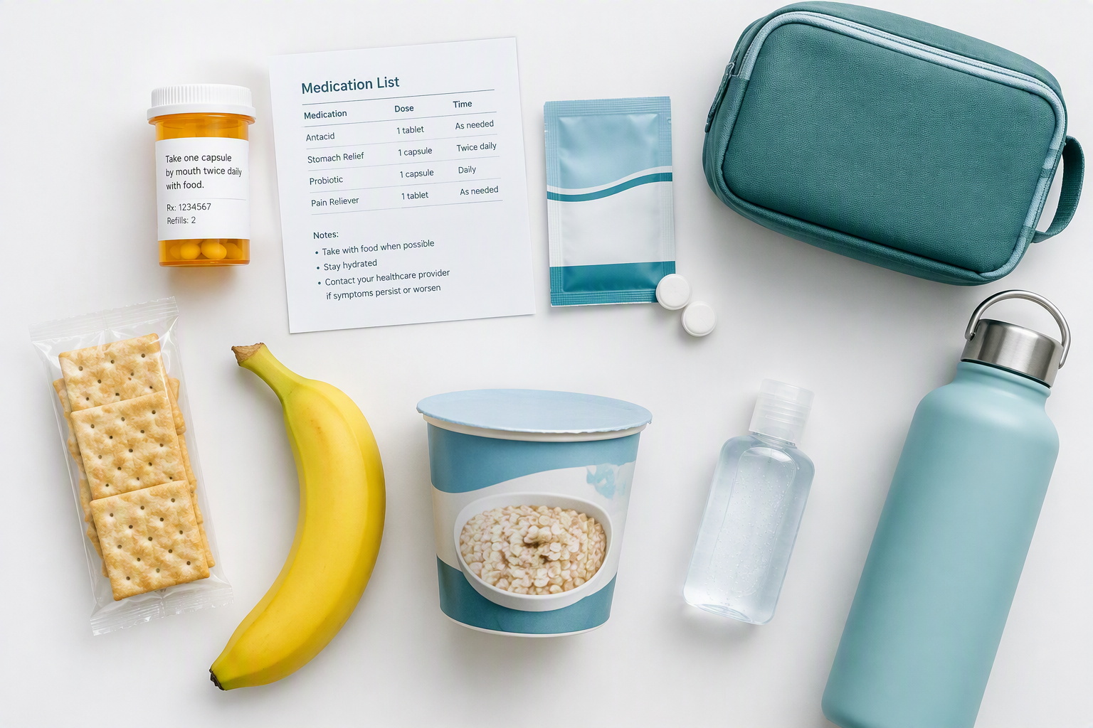 Travel health kit with reflux medicine, familiar snacks, and still water