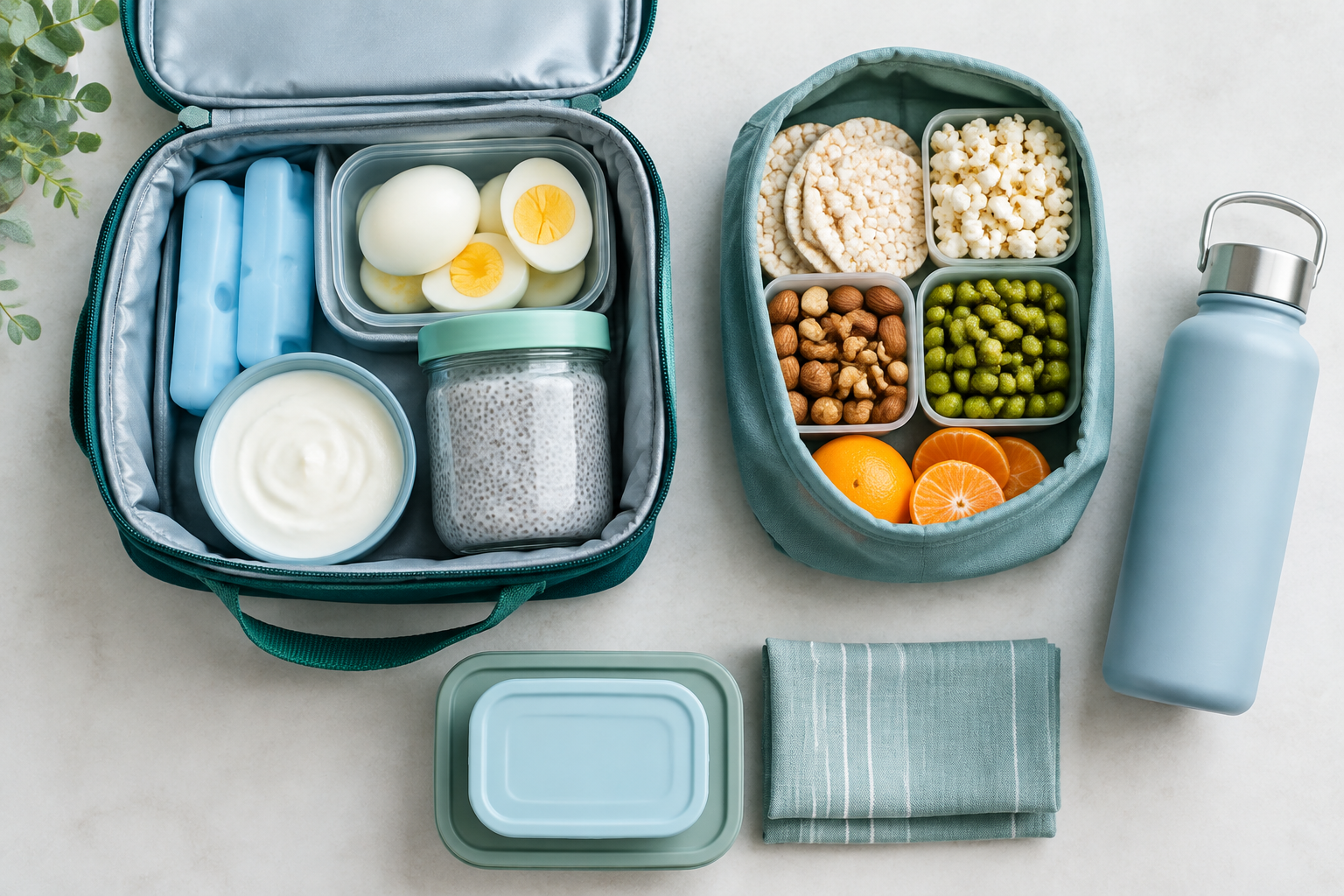 Packed portable gut-friendly snacks in a cooler bag and dry pouch