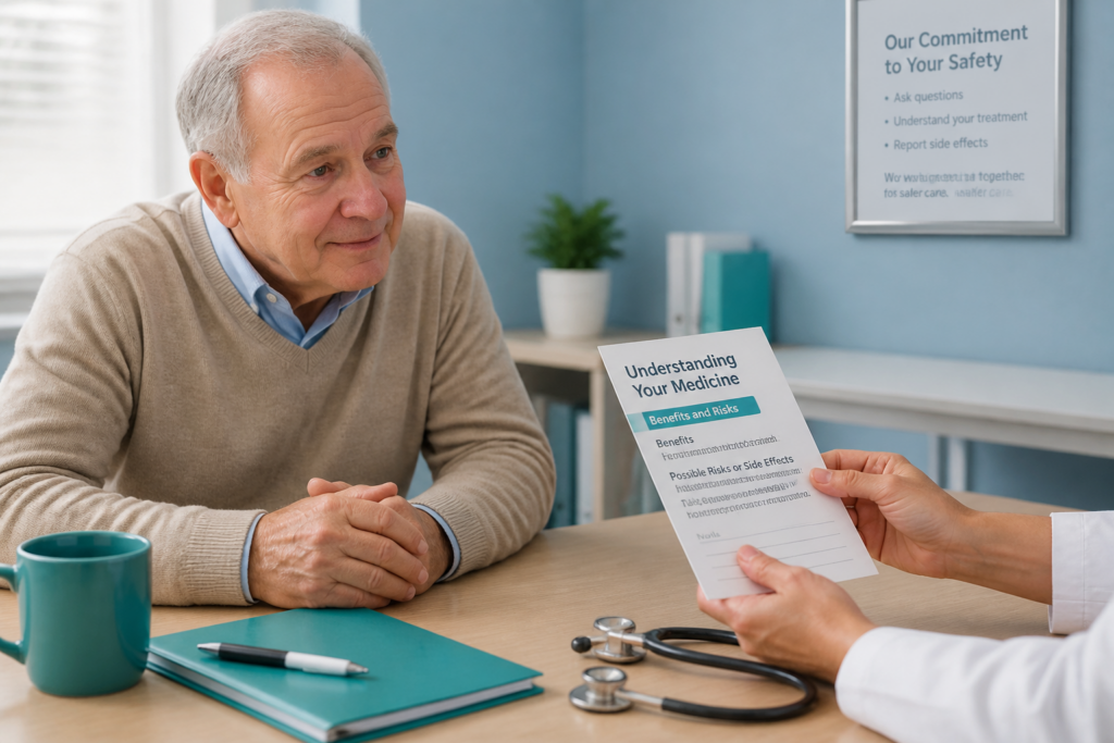 An older man sits at a desk in a medical office, attentively listening to a healthcare professional discuss an antispasmodic drugs guide for IBS. A stethoscope and notebook are on the desk beside the paper titled "Understanding Your Medicine.