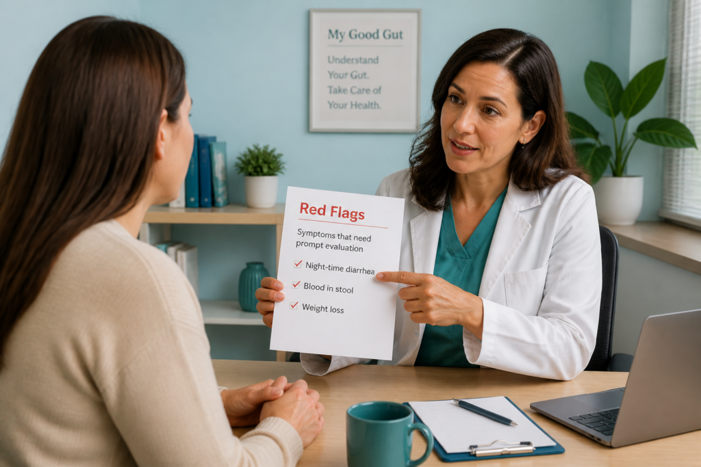 A doctor in a white coat shows a patient a paper titled "Red Flags" listing symptoms: night-time diarrhea, blood in stool, and weight loss, while discussing the importance of an ibs-d diet during their serious conversation in a medical office.