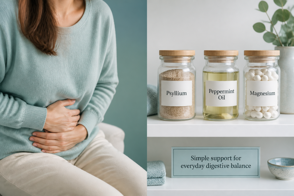 A woman holding her stomach in discomfort sits on the left; on the right are jars labeled Psyllium, Peppermint Oil, and Magnesium—common IBS supplements—with a sign below reading “Simple support for everyday digestive balance.”.