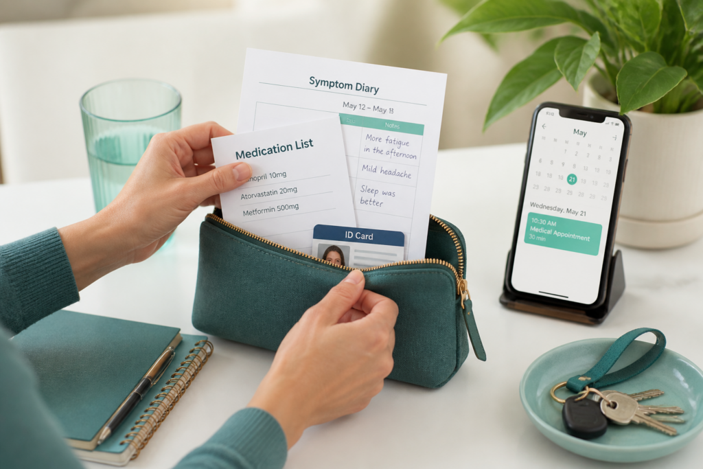 A person takes out a symptom diary, medication list, and ID card from a teal pouch—tools for attentive medical care. Nearby are a notebook, pen, glass of water, keys, and a smartphone displaying an upcoming medical appointment on the calendar.