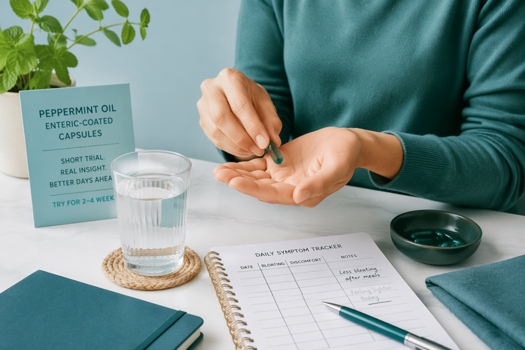 A person in a teal sweater holds a green Peppermint Oil capsule, with a glass of water, an IBS symptom tracker notebook, a pen, and a box labeled "Peppermint Oil Enteric-Coated Capsules" on the table.
