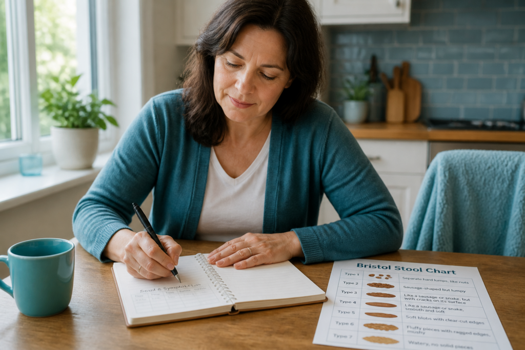 A woman sits at a kitchen table, writing in a notebook. In front of her is a Bristol Stool Chart as she tracks IBS M symptoms. She appears focused, with a turquoise mug and homey kitchen in the background.