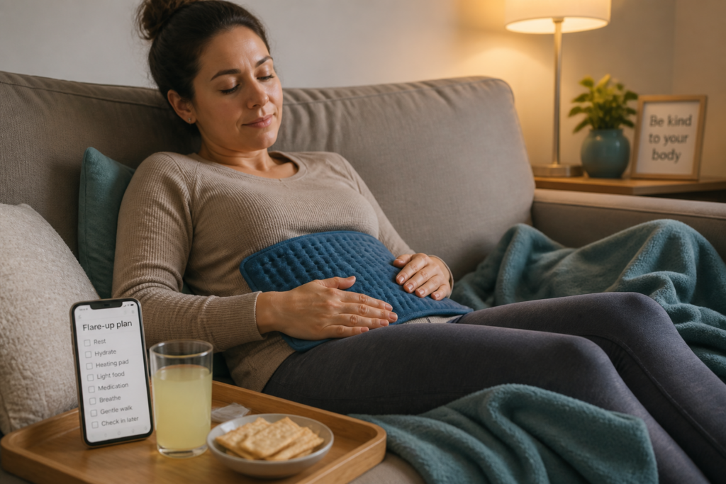 A woman relaxes on a couch with a heating pad on her stomach. A tray holds lemon water, crackers, and an ibs treatments flare-up plan checklist. The cozy room features a blanket and a sign that reads "Be kind to your body.