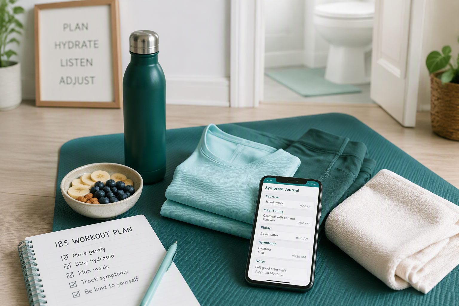 IBS workout planning with hydration, familiar food, and symptom tracking