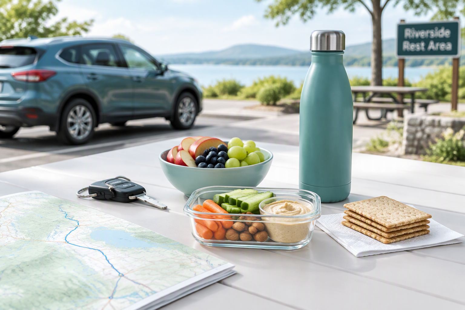 Modest meal and familiar snacks planned before driving with acid reflux