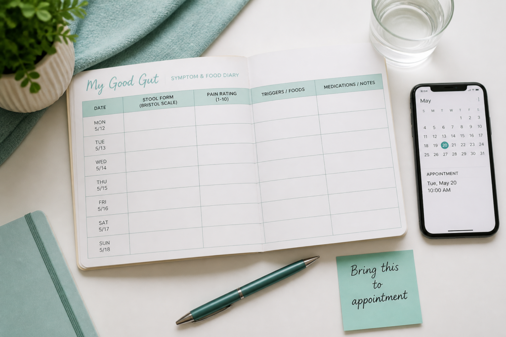 Open symptom and food diary titled "My Good Gut" on a desk with a pen, glass of water, plant, sticky note reading "Bring this to appointment," and a smartphone calendar highlighting a medical visit to discuss IBS symptoms on May 20.