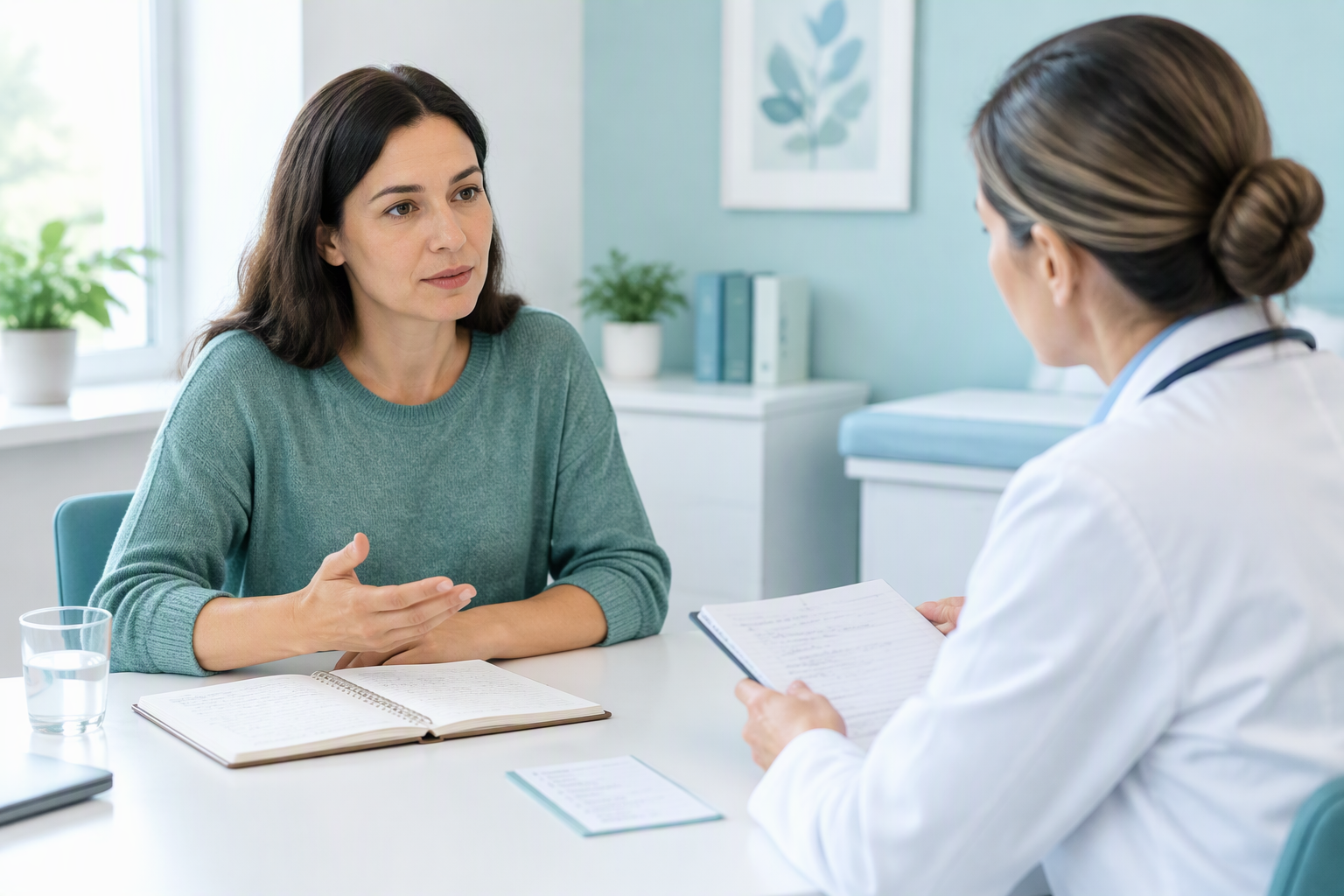 Patient and clinician reviewing persistent vomiting symptoms and possible tests